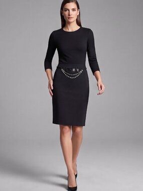 Donna Karan DKNYC Knee-Length Tailored Black Skirt with Rhinestone Swag Accent